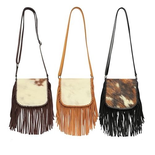 Western Stakes Cowhide & Tooled Leather Crossbody Purse with Fringe – Adjustable Strap