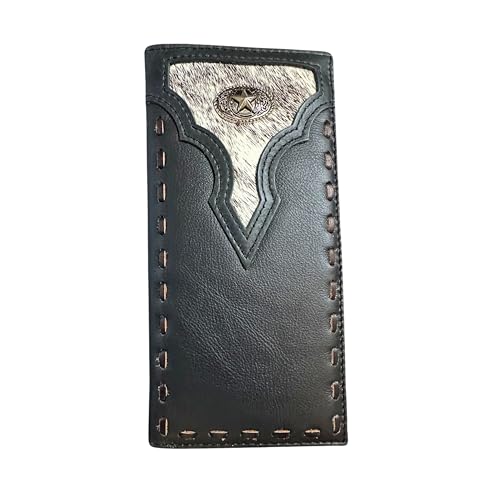 Leather Long Wallet Cowhair Horseshoe Lone Star Cowhide Bi Fold Hand Crafted High End Smooth Leather