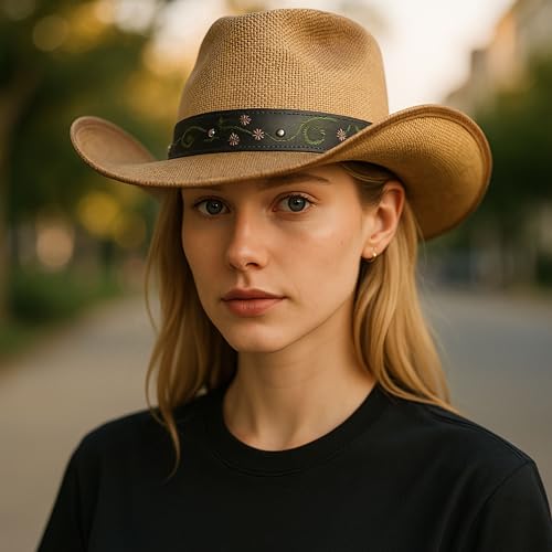 Women’s Western Cowboy Hat with Floral Teal Flower Band – Rice Paper Woven Straw