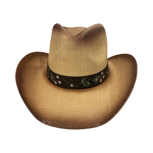 Women’s Western Cowboy Hat with Floral Teal Flower Band – Rice Paper Woven Straw