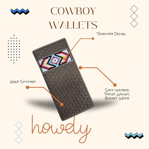 Western Stakes Leather Bi Fold Mens Long Wallet Tapestry Diamond Arrow Design Hand Crafted High End Wallets Leather Gifts For Men