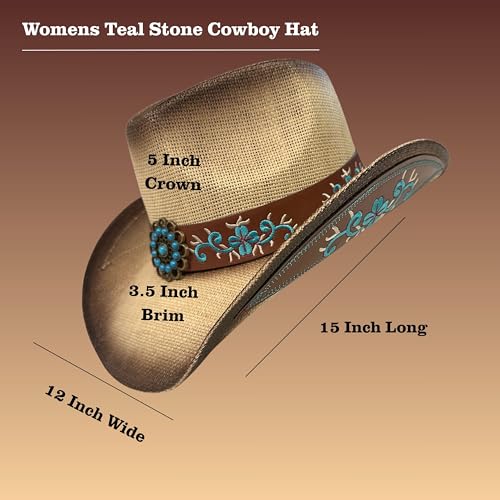 Women’s Western Cowboy Hat – High End Rice Paper Woven Design – Floral Concho Band