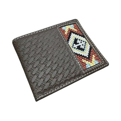 Western Stakes Leather Bi Fold Mens Wallet Tapestry Diamond Cross Design Hand Crafted Wallet