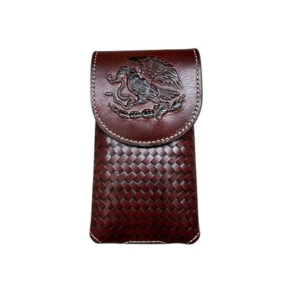 Western Stakes Western Leather Phone Belt Holster Cell Phone Case Pouch Embossed Tooled Golden Eagle Snake Mexico Coat of Arms High End Case for iPhone Samsung Universal