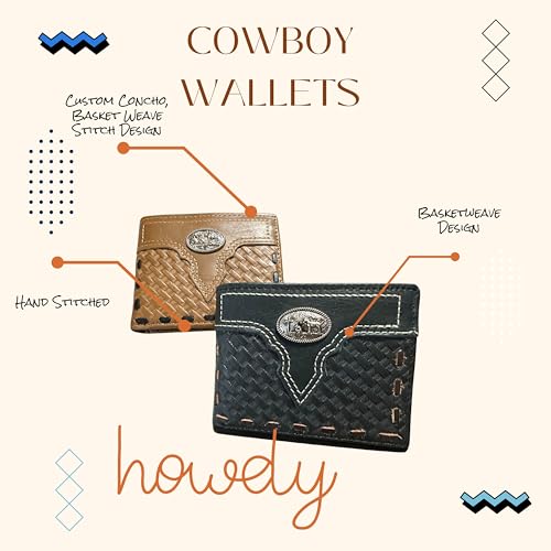 Leather Wallet Basketwave Cowboy Horses Stallion Concho Cowhide Bi Fold Mens Wallet