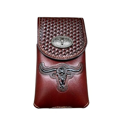 Western Stakes Western Leather Phone Belt Holster Cell Phone Case Pouch Embossed Tooled Longhorn Cowboy Concho High End Case for iPhone Samsung Universal