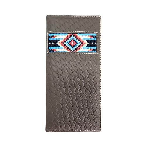 Western Stakes Leather Bi Fold Mens Long Wallet Tapestry Blue Diamond Arrow Design Leather Basketweave Rodeo Wallet Cowboy Style Hand Crafted High End Mens Wallets Leather Gifts For Men