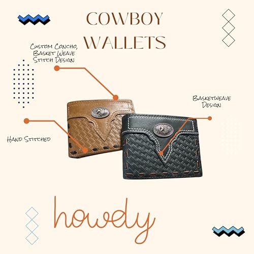 Leather Wallet Basketwave Cowboy Horses Stallion Concho Cowhide Bi Fold Mens Wallet