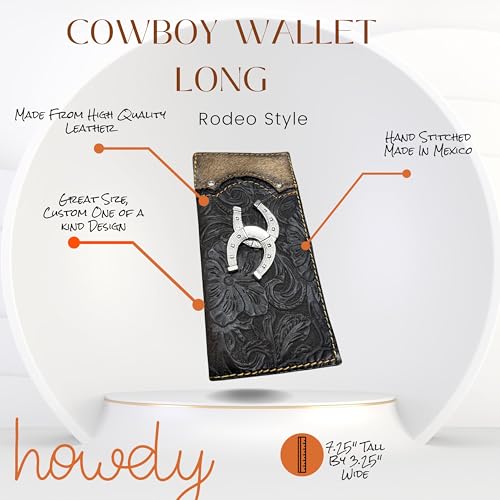 Leather Bi Fold Long Wallet Double Horse Shoe Concho Floral Black Made In Mexico High End