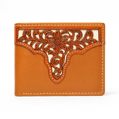 Western Stakes Men’s Bi-Fold Wallet – Genuine Leather with Flip ID, Laser-Cut Design