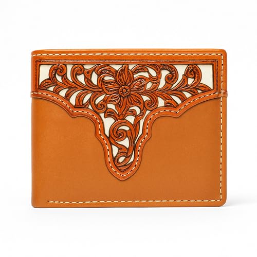 Western Stakes Men’s Bi-Fold Wallet – Genuine Leather with Flip ID, Laser-Cut Design