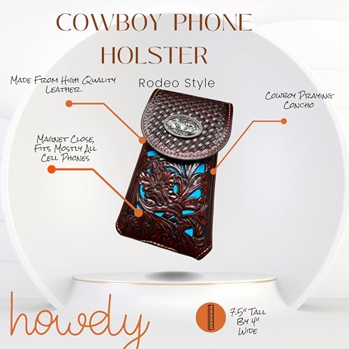 Western Stakes Western Leather Phone Belt Holster Cell Phone Case Pouch Floral Cowboy Tooled Concho Basketweave Universal