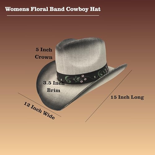 Women’s Western Cowboy Hat with Floral Teal Flower Band – Rice Paper Woven Straw