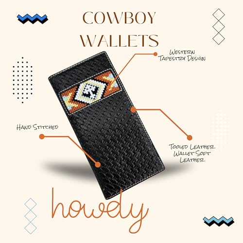 Western Stakes Leather Bi Fold Mens Long Wallet Tapestry Diamond Cross Design Hand Crafted Rodeo Wallet