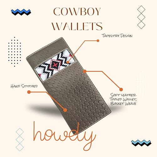 Western Stakes Leather Bi Fold Mens Long Wallet Tapestry Diamond Red Cross Design Rodeo Wallet Cowboy Style Hand Crafted High End Mens Wallets Leather Gifts For Men