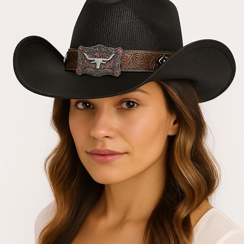 Women’s Western Cowboy Hat – High-End Rice Paper Woven Design – Longhorn Concho Band