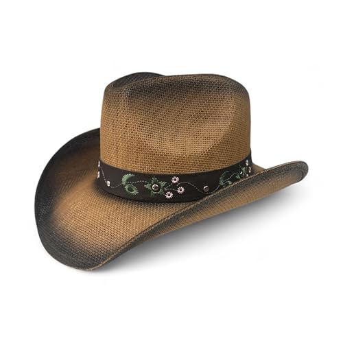 Women’s Western Cowboy Hat with Floral Teal Flower Band – Rice Paper Woven Straw