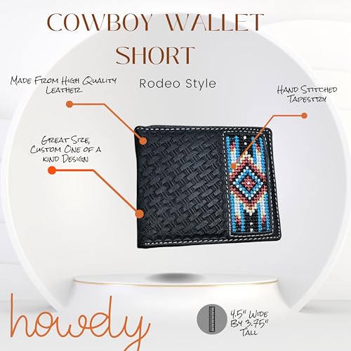 Western Stakes Leather Bi Fold Mens Wallet Tapestry Blue Diamond Arrow Design Hand Crafted Wallets