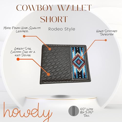 Western Stakes Leather Bi Fold Mens Wallet Tapestry Blue Diamond Arrow Design Hand Crafted Wallets