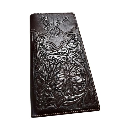 Leather Long Wallet Floral Embossed Deer Buck Bi Fold Hand Crafted Mens Wallets