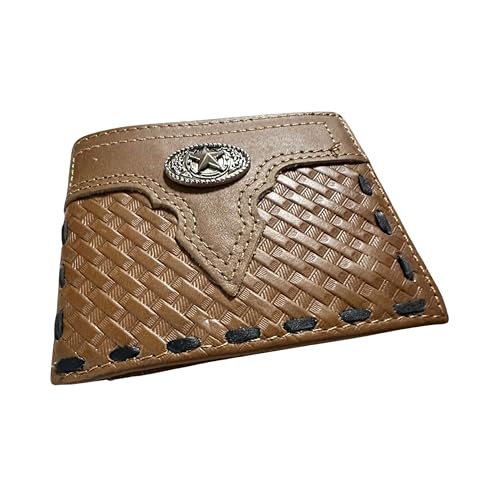 Leather Wallet Basketwave Cowboy Horseshoe Lone Star Concho Bi Fold High End Smooth Leather Mens Wallet