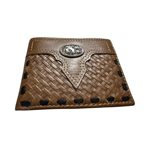 Leather Wallet Basketwave Cowboy Praying at Cross Concho Cowhide Bi Fold Mens Wallets