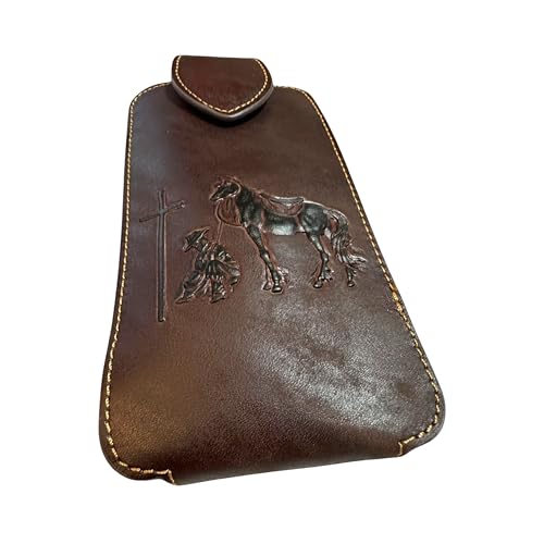 Western Leather Phone Belt Holster Emboss Cowboy Praying at Cross