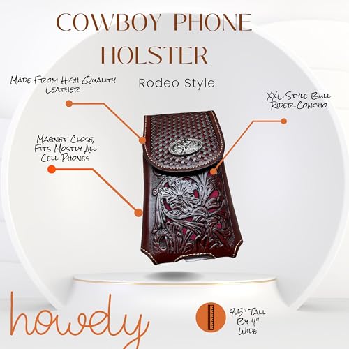 Western Stakes Leather Phone Belt Holster Floral Cutout Tooled