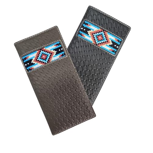 Western Stakes Leather Bi Fold Mens Long Wallet Tapestry Blue Diamond Arrow Design