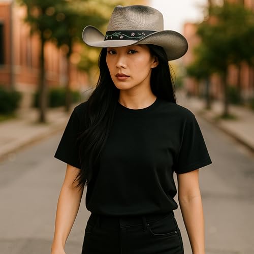 Women’s Western Cowboy Hat with Floral Teal Flower Band – Rice Paper Woven Straw