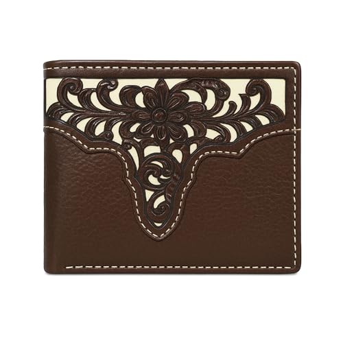 Western Stakes Men’s Bi-Fold Wallet – Genuine Leather with Flip ID, Laser-Cut Design