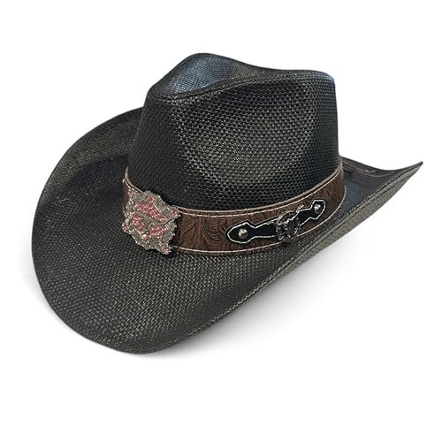 Women’s Western Cowboy Hat – High-End Rice Paper Woven Design – Longhorn Concho Band