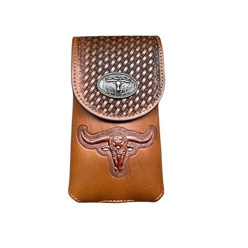 Western Stakes Western Leather Phone Belt Holster Cell Phone Case Pouch Embossed Tooled Longhorn Cowboy Concho High End Case for iPhone Samsung Universal