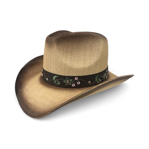 Women’s Western Cowboy Hat with Floral Teal Flower Band – Rice Paper Woven Straw