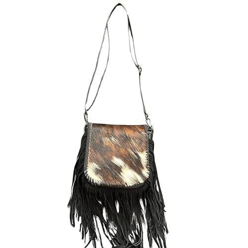 Western Stakes Cowhide & Tooled Leather Crossbody Purse with Fringe – Adjustable Strap