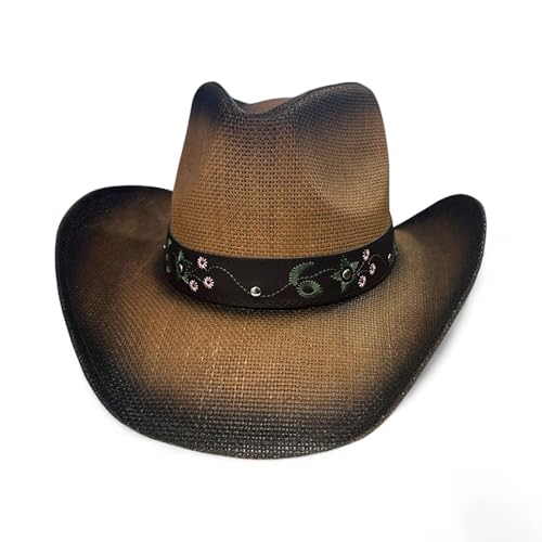 Women’s Western Cowboy Hat with Floral Teal Flower Band – Rice Paper Woven Straw
