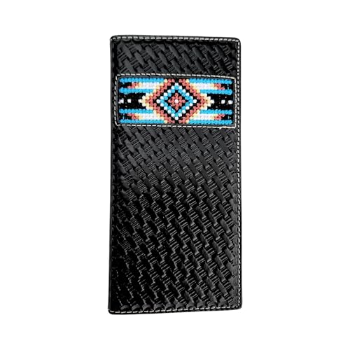 Western Stakes Leather Bi Fold Mens Long Wallet Tapestry Blue Diamond Arrow Design Leather Basketweave Rodeo Wallet Cowboy Style Hand Crafted High End Mens Wallets Leather Gifts For Men