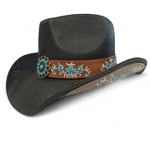 Women’s Western Cowboy Hat – High End Rice Paper Woven Design – Floral Concho Band