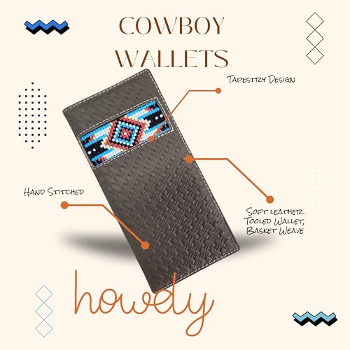 Western Stakes Leather Bi Fold Mens Long Wallet Tapestry Blue Diamond Arrow Design Leather Basketweave Rodeo Wallet Cowboy Style Hand Crafted High End Mens Wallets Leather Gifts For Men