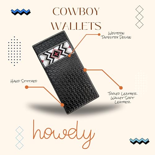 Western Stakes Leather Bi Fold Mens Long Wallet Tapestry Diamond Red Cross Design Rodeo Wallet Cowboy Style Hand Crafted High End Mens Wallets Leather Gifts For Men