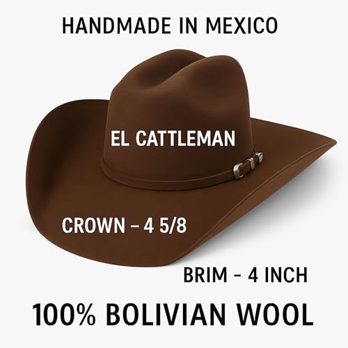 El Cattleman Handmade Cowboy Hat – 100X Bolivian Wool Felt, Premium Western Hat, 4 5/8" Crown, 4" Brim, Made in Mexico (US, Numeric, 6 3/4, 7 3/4, 6 3/4, Brown)