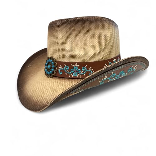 Women’s Western Cowboy Hat – High End Rice Paper Woven Design – Floral Concho Band