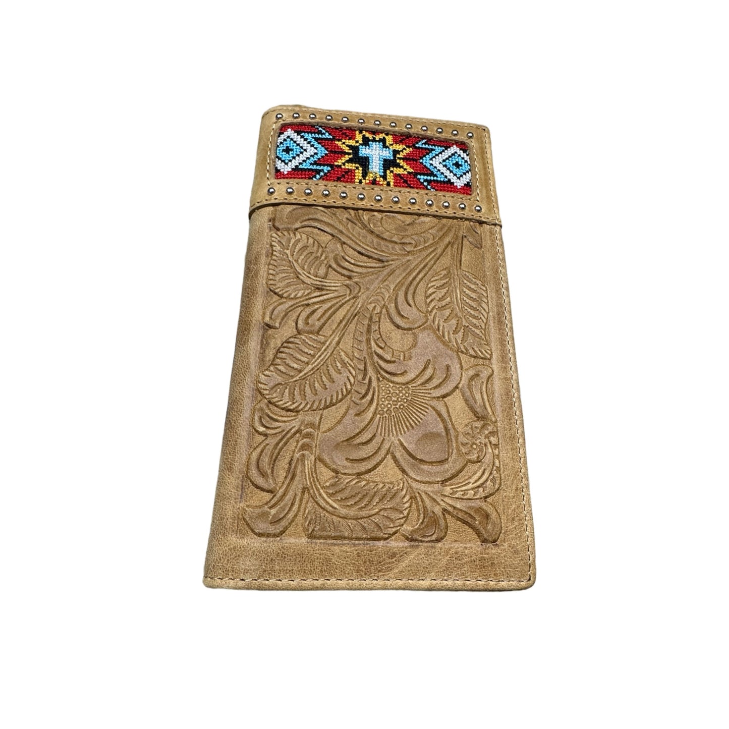 Floral Embossed Leather Long Wallet W/ Tapestry Trim