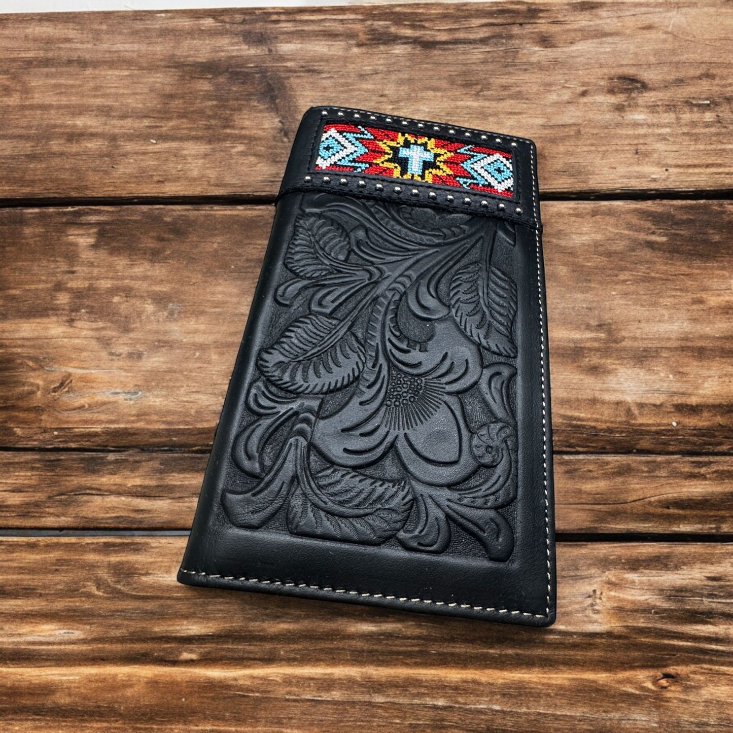 Floral Embossed Leather Long Wallet W/ Tapestry Trim