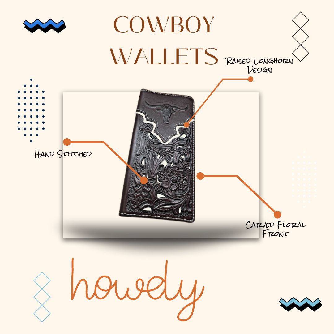 An advertisement for Western Stakes cowboy wallets. The image shows a brown Floral Long Wallet Longhorn Teal Accent with marked features such as "Raised Longhorn Design," "Hand Stitched," and "Carved Floral Front." Decorative elements and text like "howdy" and geometric patterns surround this high-quality leather cowboy gift.