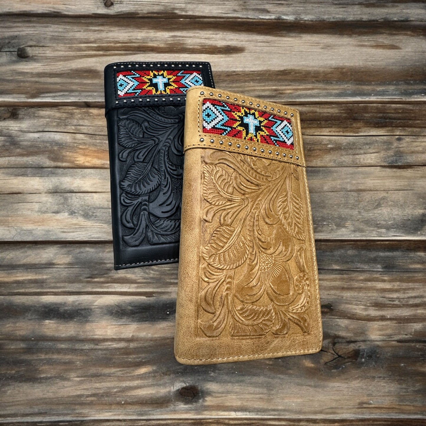 Floral Embossed Leather Long Wallet W/ Tapestry Trim