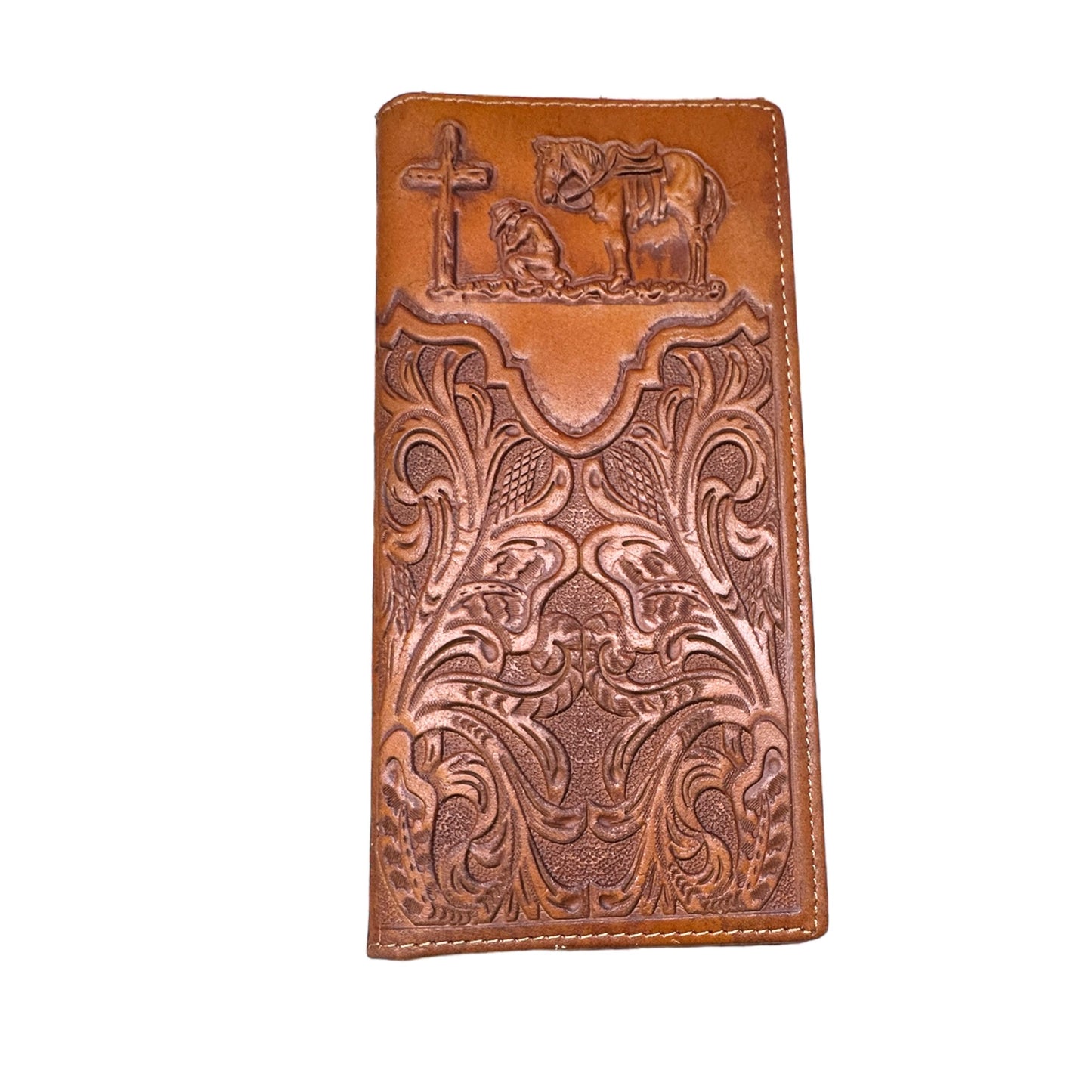 Leather Embossed Cowboy Praying At Cross Long Wallet