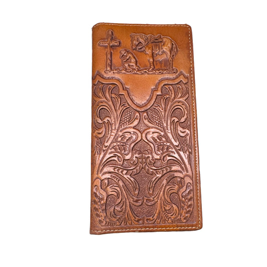 Leather Embossed Cowboy Praying At Cross Long Wallet