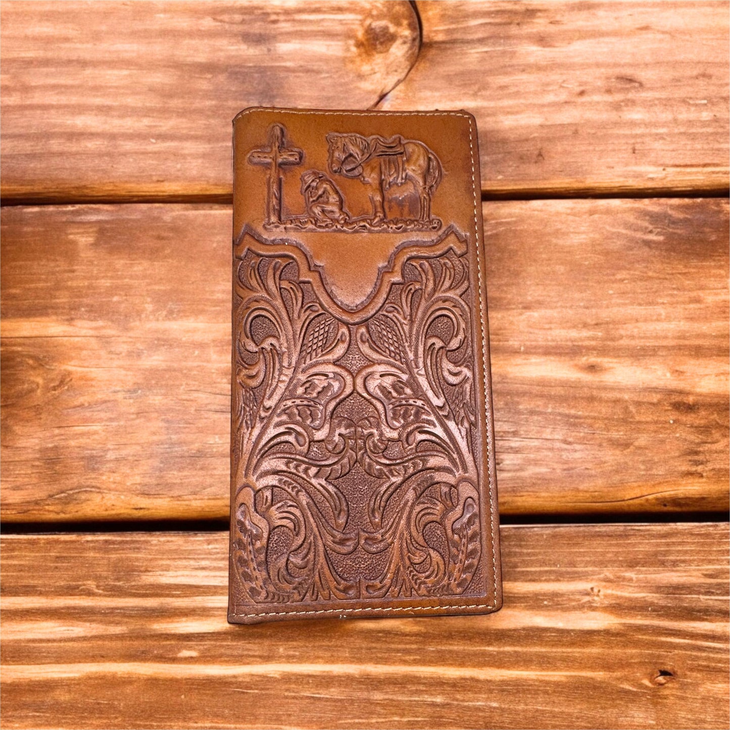 Leather Embossed Cowboy Praying At Cross Long Wallet