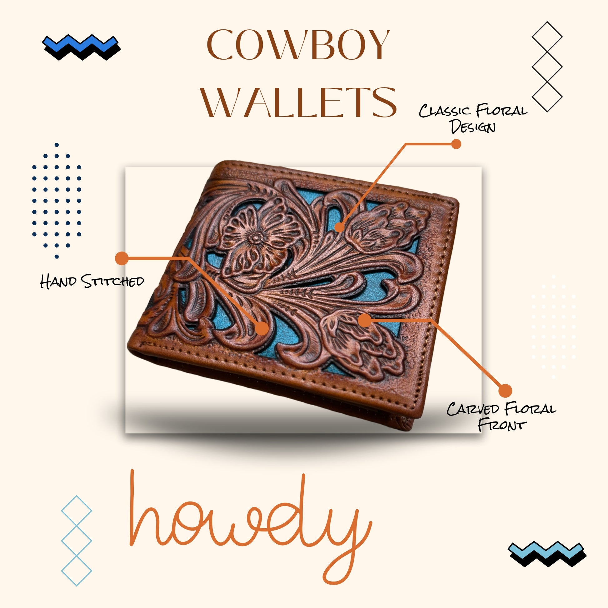 Detailed image of a Floral Leather Cowboy Wallet Brown & Teal by Western Stakes with classic floral cutout designs and hand-stitched details. The wallet is displayed in the center against a cream-colored background with the word "howdy" written below in a playful font. Labels point to the floral design and front stitching, making it an ideal rodeo gift.